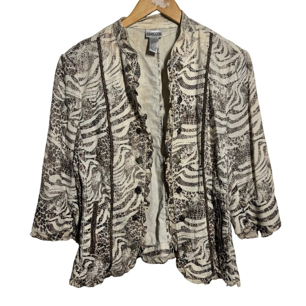 Chico’s Blazer Jacket Women 2 L Cheetah Print Linen Metallic Brown, Cream, Gold‎